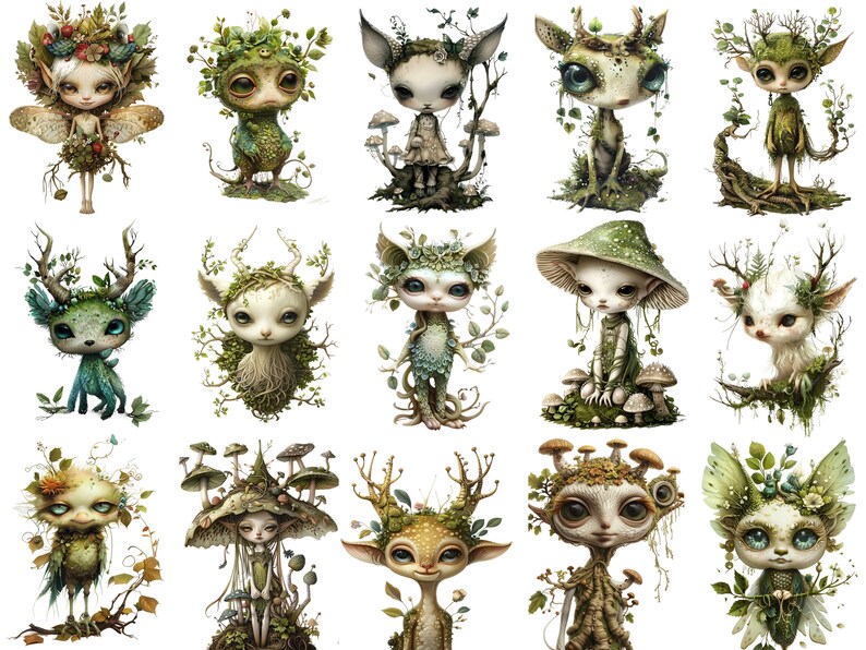 May include: A collection of 18 whimsical illustrations featuring fantastical creatures with antlers, wings, and leafy crowns. The creatures are depicted in a variety of poses, some with mushrooms, others with flowers, and all with a magical, woodland aesthetic.