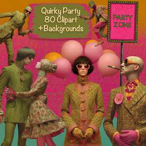 Quirky Party People, 80 clipartów + 15 teł, tworzenie kartek DIY, zestaw do prowadzenia dziennika na śmieci, artykuły do scrapbookingu, wykorzystanie komercyjne!