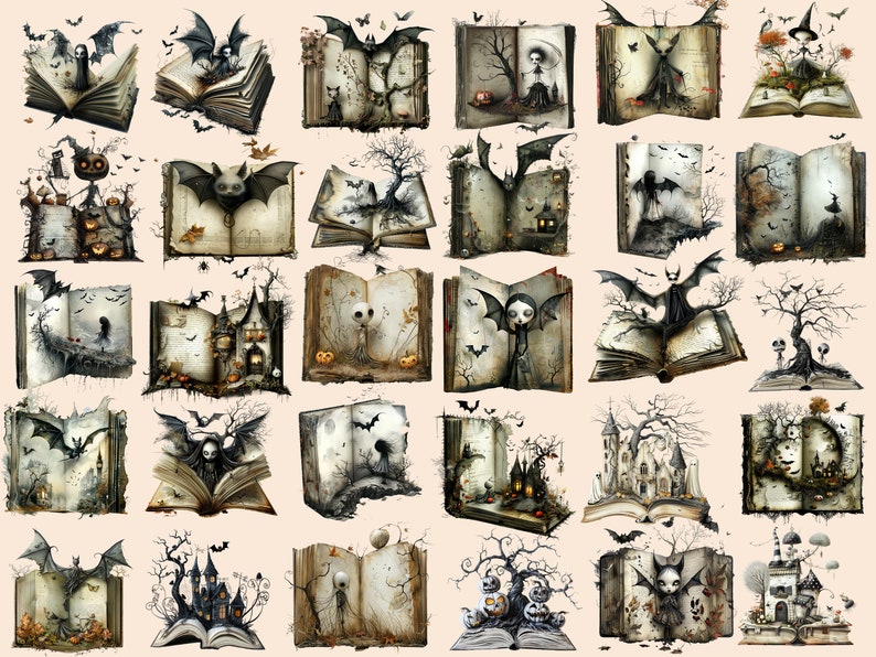Pu&ograve; includere: Un collage digitale di 25 immagini che mostrano libri aperti con varie illustrazioni a tema Halloween. Le illustrazioni includono pipistrelli, scheletri, case stregate, zucche e alberi inquietanti.