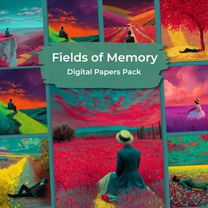 May include: A digital papers pack titled Fields of Memory featuring a collage of surreal landscape illustrations with vibrant colours, including red poppy fields, purple lavender, yellow flowers, and figures in hats set against dramatic, colourful skies.