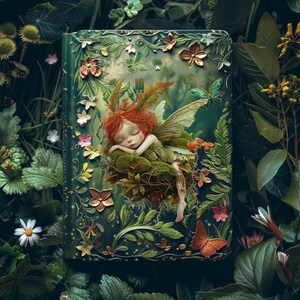 May include: A green journal with a floral design and a sleeping fairy with red hair and a green dress. The fairy is nestled in a bed of moss and leaves.