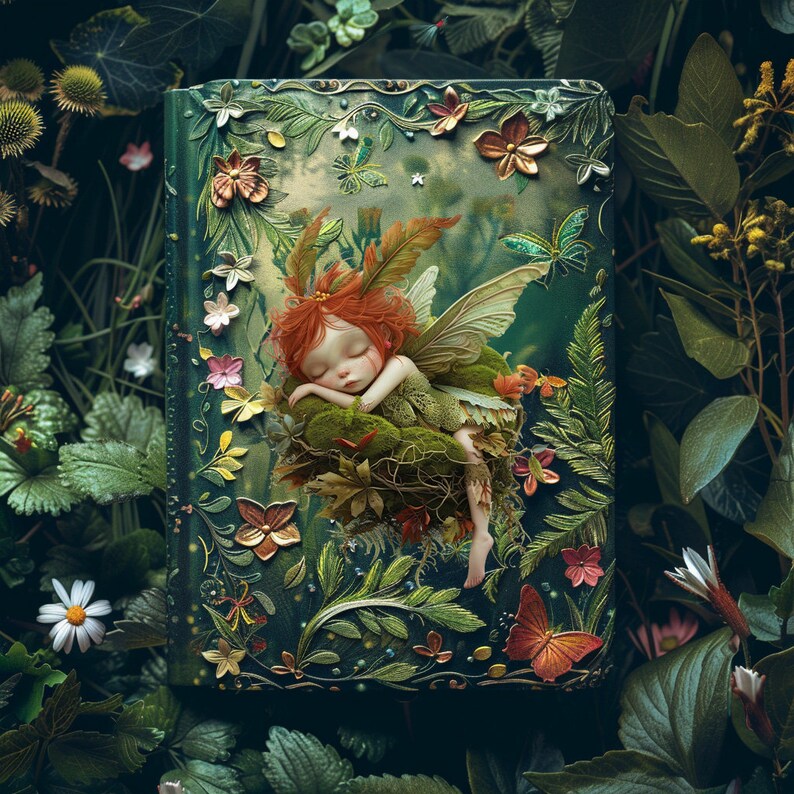 May include: A green journal with a floral design and a sleeping fairy with red hair and a green dress. The fairy is nestled in a bed of moss and leaves.