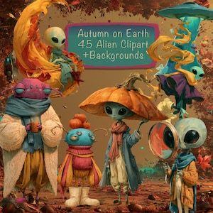 May include: A digital illustration set titled Autumn on Earth 45 Alien Clipart +Backgrounds featuring various extraterrestrial characters in autumn attire, including aliens with pumpkin hats, scarves, and sweaters amidst falling leaves.