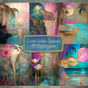 May include: A digital art collage featuring a tropical scene with a leopard, boat, and flowers. The text "Exotic Golden Summer 45 Digital papers" is displayed on a blue banner. The color palette includes teal, gold, pink, and purple.