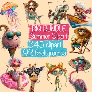 Big Summer Bundle, 345 clipart png cartoon style, , 92  backgrounds,  7 Summer Items from my Shop all in 1 Bundle, Commercial Use !