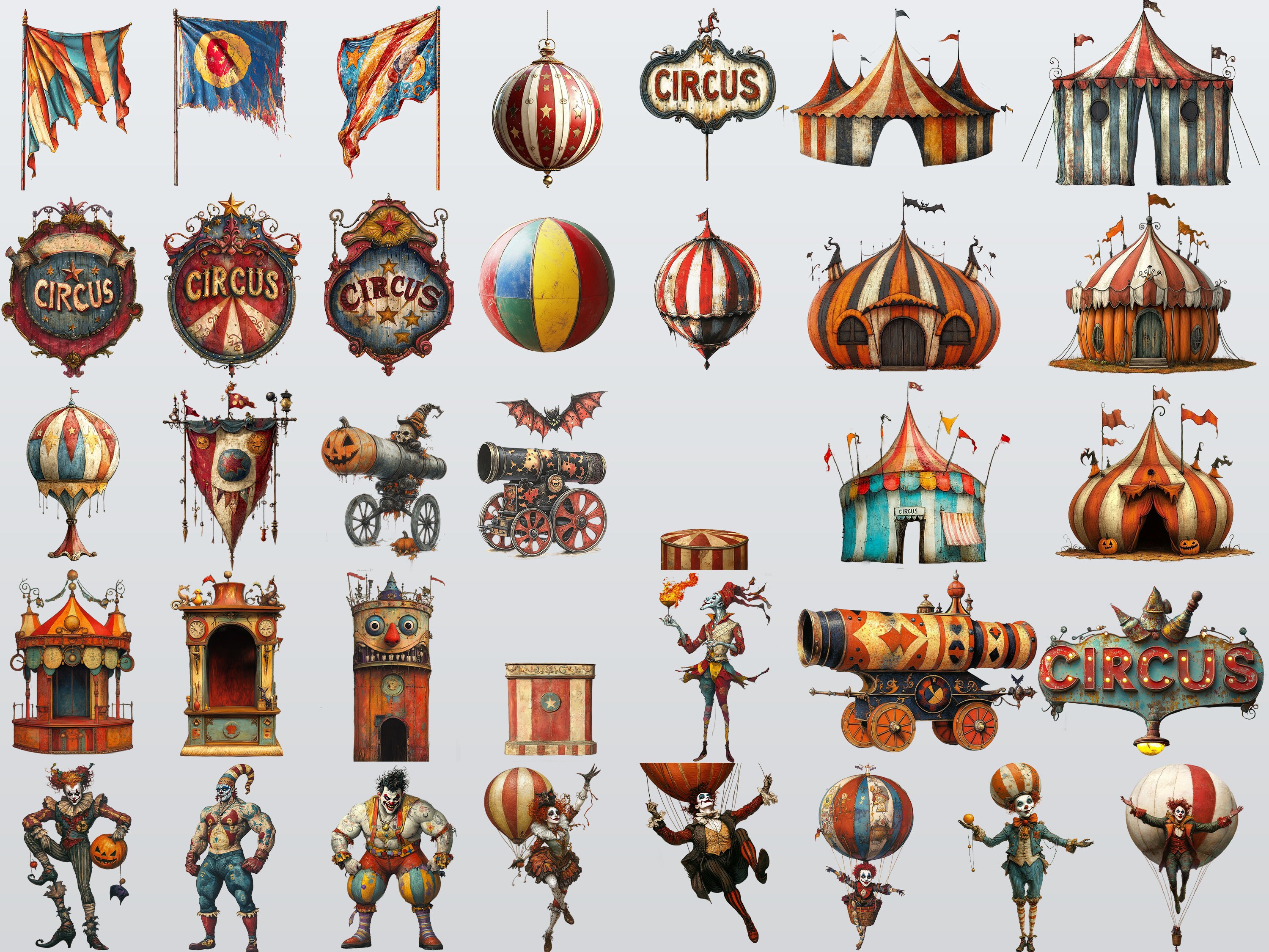 Big Bundle 145 Unique Halloween Circus Clipart Png + 50 Backgrounds ...