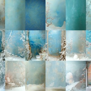 Puede incluir: Un collage de 12 im&aacute;genes que muestran escenas de invierno con una combinaci&oacute;n de colores azul y blanco. Las im&aacute;genes representan paisajes nevados, &aacute;rboles y diversos elementos arquitect&oacute;nicos.