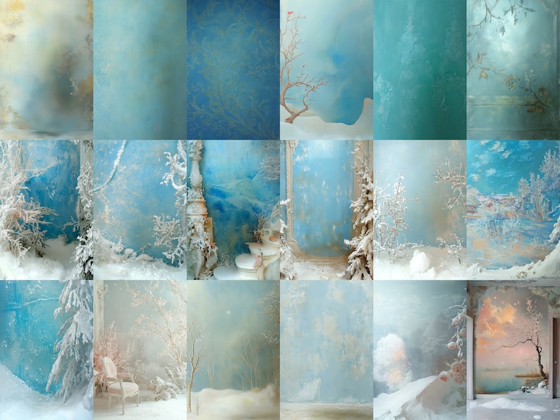 Puede incluir: Un collage de 12 im&aacute;genes que muestran escenas de invierno con una combinaci&oacute;n de colores azul y blanco. Las im&aacute;genes representan paisajes nevados, &aacute;rboles y diversos elementos arquitect&oacute;nicos.
