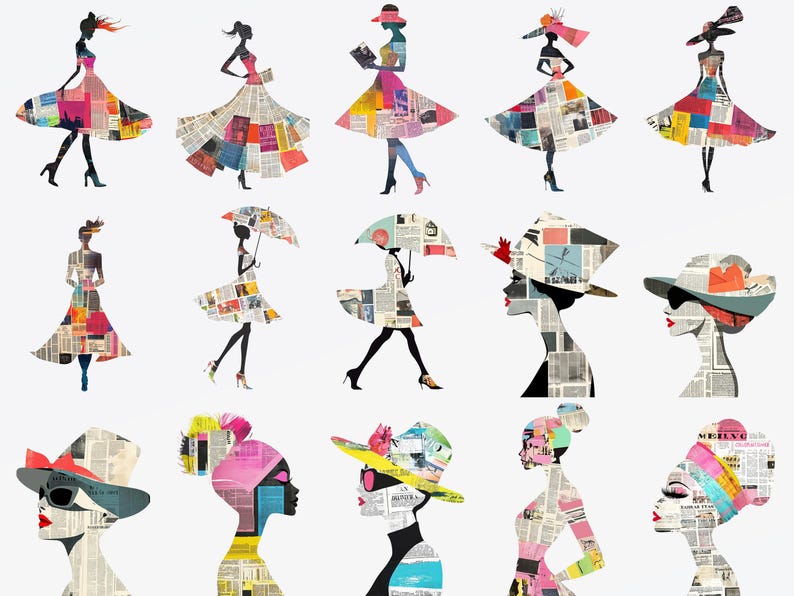 40 PNG Spring Fashion Silhouette Clipart Bundle + 15 Backgrounds, DIY Card Making, Junk Journal Kit, Scrapbooking Supplies, Commercial use! image 3