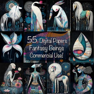 Pacchetto di 55 carte digitali Magical Beings - Creazione di biglietti fai da te, materiali per diari spazzatura, kit per scrapbooking, collage, uso commerciale!