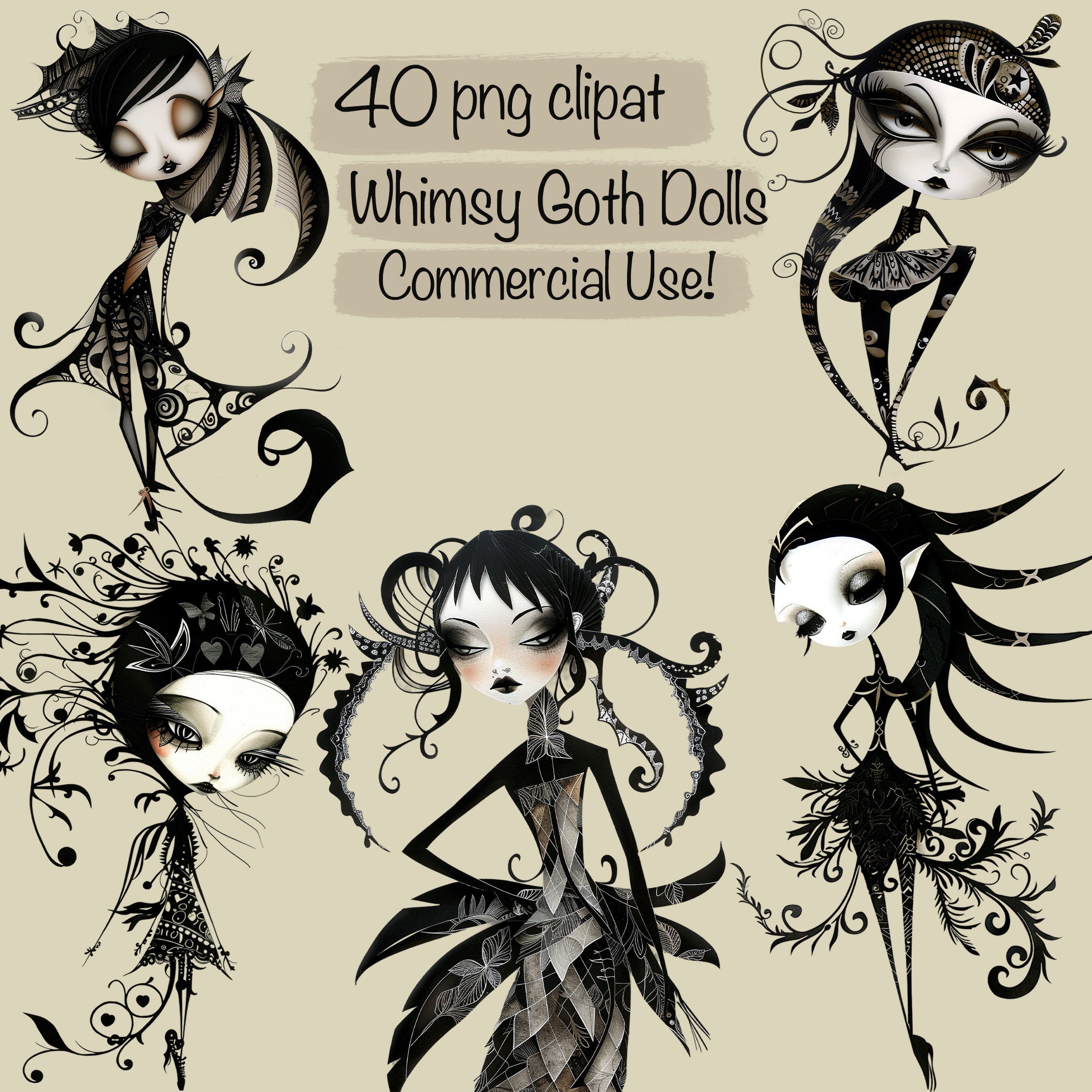 40 Whimsical Goth Dolls Clipart PNG + 5 Backgrounds - For Card Making, Junk Journal Supplies, Scrapbook Kit, Collage, Commercial use!