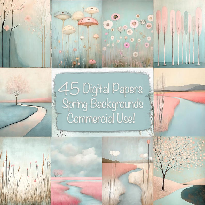 Puede incluir: Un collage de 45 papeles digitales con fondos de tem&aacute;tica primaveral en colores pastel suaves. Los papeles presentan ilustraciones caprichosas de flores, &aacute;rboles y paisajes. El texto "45 Digital Papers Spring Backgrounds Commercial Use!" se muestra en el centro del collage.
