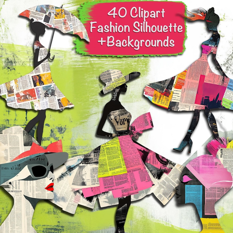 May include: Four fashion silhouettes with newspaper print dresses and hats. The background is a green and yellow abstract design with the text "40 Clipart Fashion Silhouette + Backgrounds".