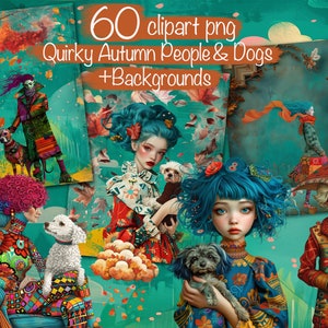 Pack de clipart personnes originales et chiens - 60 motifs d'automne fantaisistes + 20 arrière-plans, pour cartes, journaux indésirables, art composite, usage commercial !