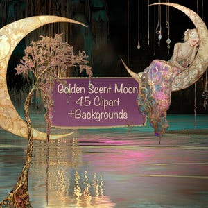 May include: Digital artwork depicting a golden crescent moon with a sleeping figure in colourful fabric. A tree with pink foliage and the text "Golden Scent Moon 45 Clipart + Backgrounds" are also visible. The scene is reflected in the water.