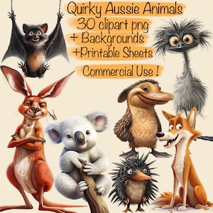 Set van 30 eigenzinnige Whimsy Australische dieren + 10 achtergronden, kaarten maken, collagekit, junk journal, boeken, commercieel gebruik!