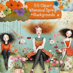 Pacote com 56 clipart PNG extravagantes de primavera + 15 fundos, criação de cartões faça você mesmo, kit de diário de sucata, suprimentos para scrapbooking, uso comercial!