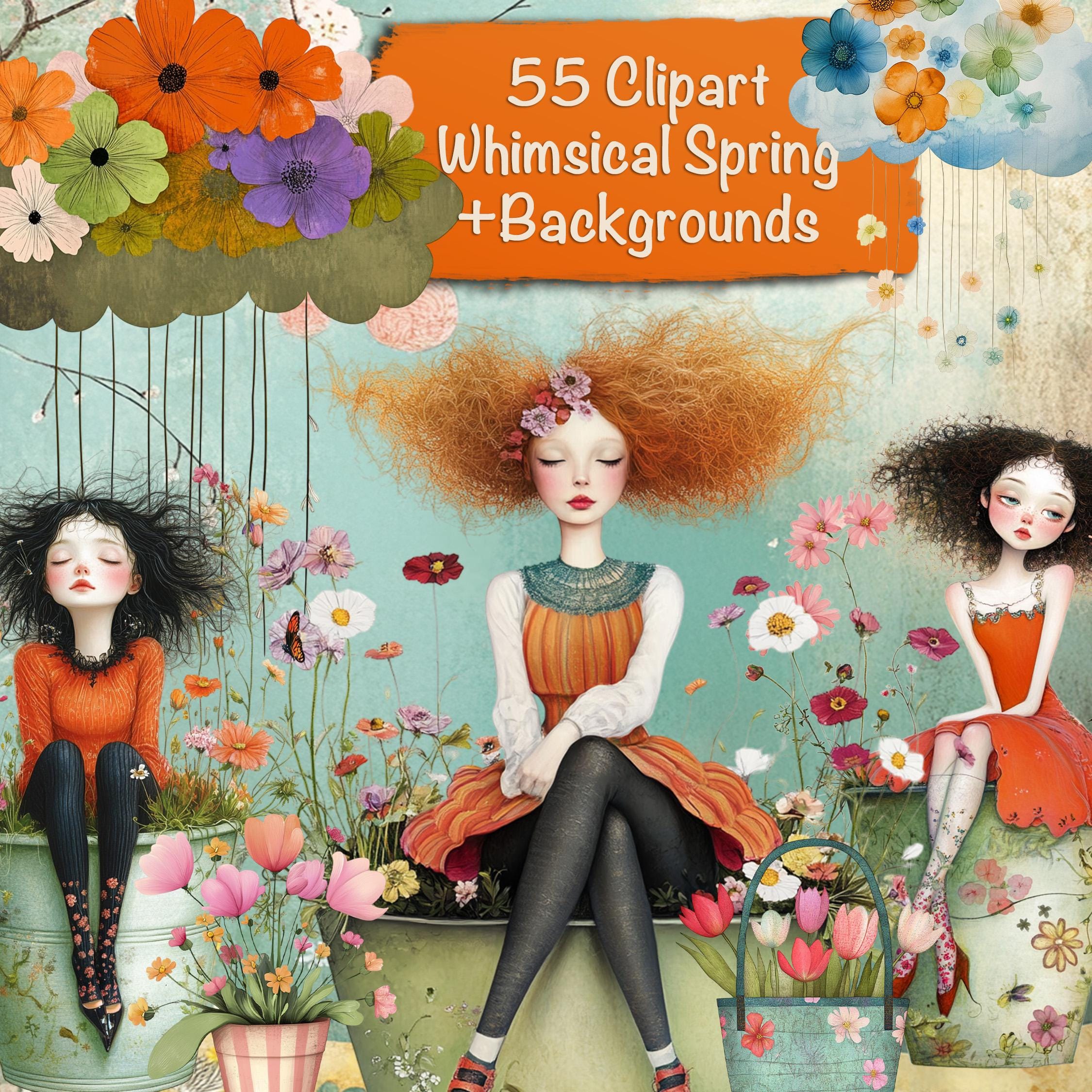 56 PNG Whimsical Spring Clipart Bundle + 15 Backgrounds, DIY Card ...