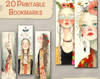 20 Boho Girls  Printable Bookmark Designs + Printable Sheets , Printable Bookmark, DIY,  Commercial use!