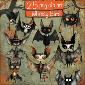 Zestaw fantazyjnych halloweenowych clipartów z nietoperzami, 25 uroczych i dziwacznych wzorów do rękodzieła na Halloween, scrapbookingu i nie tylko, do użytku komercyjnego!