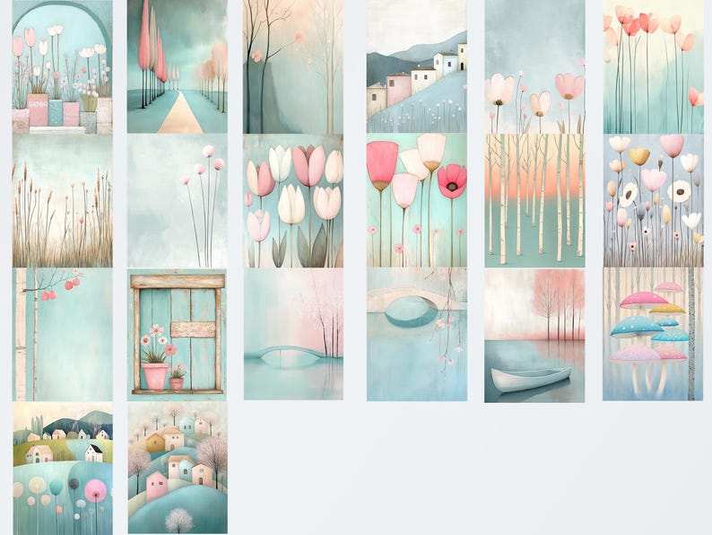 Puede incluir: Una colecci&oacute;n de 12 impresiones de arte digital que presentan ilustraciones caprichosas de flores, casas y paisajes en suaves colores pastel. Las impresiones son perfectas para agregar un toque de encanto y capricho a cualquier habitaci&oacute;n.