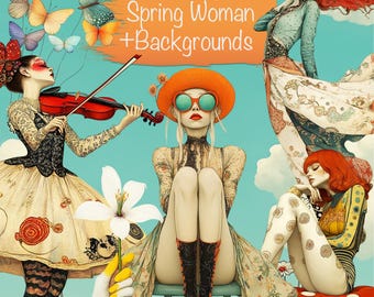 70 PNG Whimsical Spring Girls Clipart Bundle  + 20 Backgrounds, DIY Card Making, Junk Journal Kit, Scrapbooking Supplies, Commercial use!