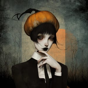 May include: An artistic illustration of a person wearing a pumpkin-shaped hat with a black suit and white collared shirt. The person has black lipstick and long black fingernails. The background is a dark, textured blend of gray, blue, and orange.