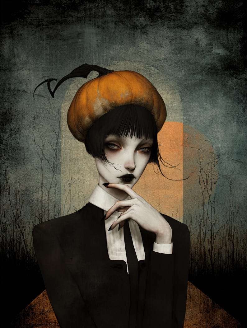 May include: An artistic illustration of a person wearing a pumpkin-shaped hat with a black suit and white collared shirt. The person has black lipstick and long black fingernails. The background is a dark, textured blend of gray, blue, and orange.