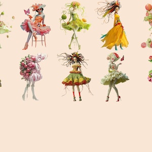 May include: A collection of ten digital illustrations featuring women dressed in elaborate outfits made of fruits and flowers. The women are depicted in various poses, some holding umbrellas, others with butterflies fluttering around them.
