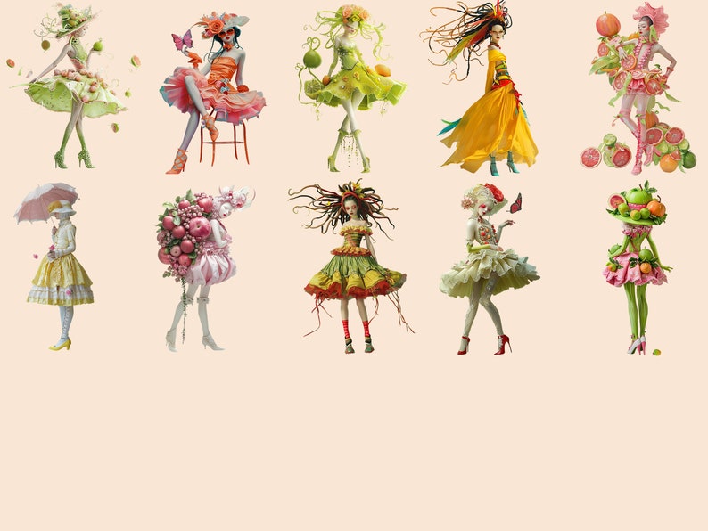 May include: A collection of ten digital illustrations featuring women dressed in elaborate outfits made of fruits and flowers. The women are depicted in various poses, some holding umbrellas, others with butterflies fluttering around them.