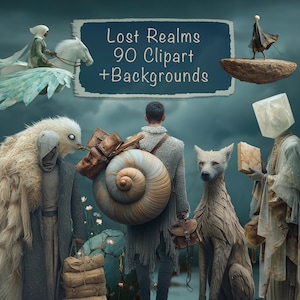 May include: Digital art featuring fantastical creatures and figures, including a person riding a winged horse, a creature with a snail shell, and a dog-like figure. The image includes the text "Lost Realms 90 Clipart + Backgrounds".
