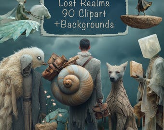 Op de afbeelding: Digitale kunst met fantastische wezens en figuren, waaronder een persoon op een gevleugeld paard en een hondachtig figuur. De afbeelding bevat de tekst "Lost Realms 90 Clipart + Backgrounds".