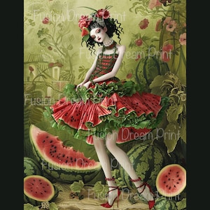 May include: A woman in a red and green watermelon-themed dress stands in a lush garden setting. She is surrounded by watermelons of various sizes, some cut open to reveal the red flesh. The woman wears a crown of flowers and has a delicate, whimsical expression.