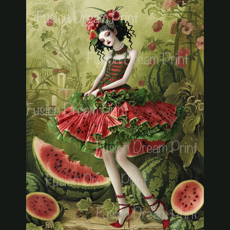May include: A woman in a red and green watermelon-themed dress stands in a lush garden setting. She is surrounded by watermelons of various sizes, some cut open to reveal the red flesh. The woman wears a crown of flowers and has a delicate, whimsical expression.