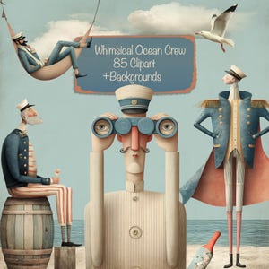 May include: Whimsical illustration featuring cartoon sailors in nautical attire. One sailor relaxes in a hammock, while another peers through binoculars. A seagull flies overhead, and a bottle rests on the beach. The image includes the text "Whimsical Ocean Crew 85 Clipart + Backgrounds."