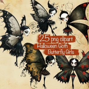 Pacote de clipart de garotas borboletas góticas para Halloween com 25 designs fofos e peculiares, para artesanato de Halloween, uso comercial!