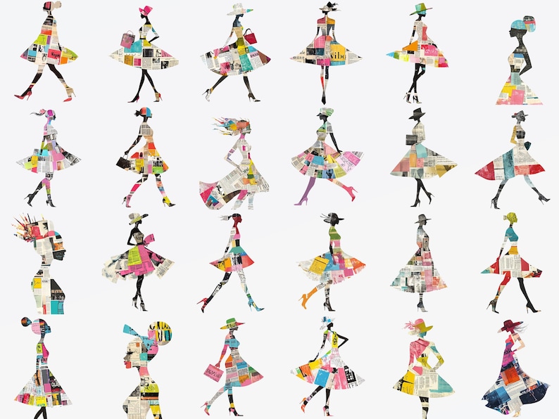 40 PNG Spring Fashion Silhouette Clipart Bundle + 15 Backgrounds, DIY Card Making, Junk Journal Kit, Scrapbooking Supplies, Commercial use! image 2