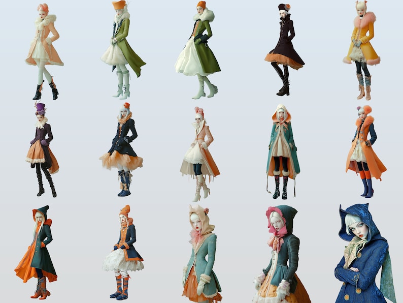 Puede incluir: Una colecci&oacute;n de 15 mu&ntilde;ecas de moda que llevan diferentes atuendos. Las mu&ntilde;ecas llevan todas diferentes estilos de vestidos, abrigos y sombreros. Algunas de las mu&ntilde;ecas llevan atuendos coloridos, mientras que otras llevan colores m&aacute;s apagados. Las mu&ntilde;ecas est&aacute;n todas posadas de diferentes maneras y todas miran a la c&aacute;mara.