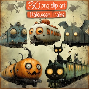 Paquete de imágenes prediseñadas de trenes de Halloween caprichosos, 30 trenes espeluznantes PNG, para manualidades de Halloween, álbumes de recortes y más, ¡uso comercial!