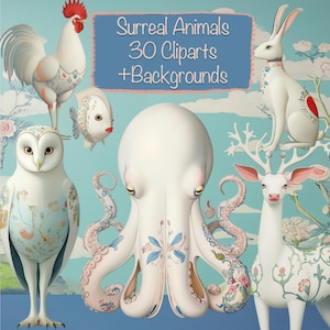 Surreal Peculiar Animals 30 PNG  + 10 Backgrounds, DIY, Cards, Junk Journal kit, Scrapbooking Supplies, Commercial use!