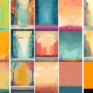May include: A collection of watercolor paintings depicting urban and natural landscapes. The artwork features cityscapes with buildings and streets, and natural scenes with fields, trees, and skies in various colors like orange, blue, and yellow.