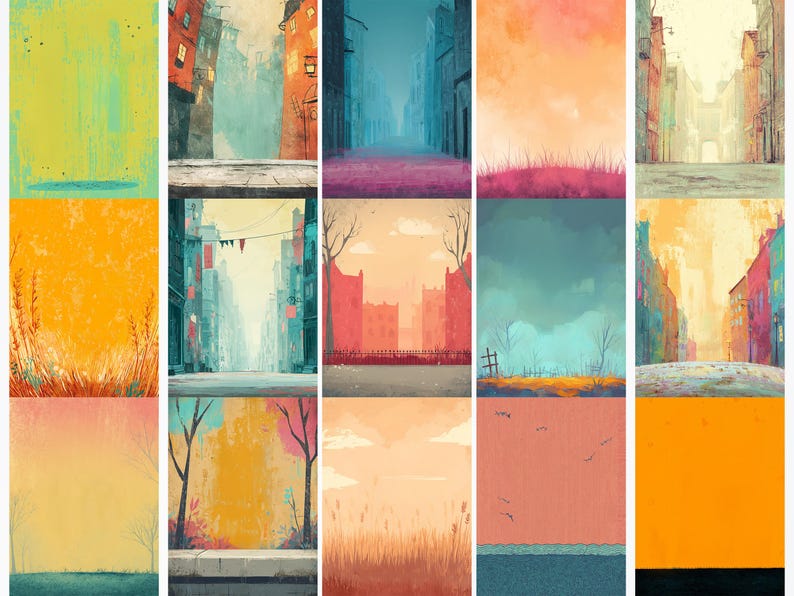 May include: A collection of watercolor paintings depicting urban and natural landscapes. The artwork features cityscapes with buildings and streets, and natural scenes with fields, trees, and skies in various colors like orange, blue, and yellow.