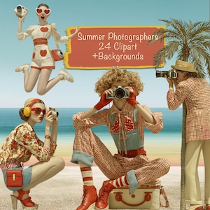 May include: A vibrant image featuring four individuals with cameras on a beach. The image includes the text "Summer Photographers 24 Clipart + Backgrounds". The people are wearing retro-style clothing in red, white, and blue.