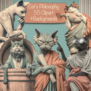 Whimsical Cat's Philosophy 55 Clipartów + 30 Teł, Tworzenie Kartek DIY, Materiały do Dziennika Śmieci, Zestaw Do Scrapbookingu, Do Użytku Komercyjnego!
