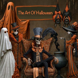 以下が含まれることがあります： 「The Art Of Halloween」と題されたデジタルイラスト。シルクハットを被り装飾された椅子に座る骸骨、白いシーツを被った幽霊、フリルのついたスーツを着た骸骨、ストライプのドレスを着た魔女、そして吊り下げられた2匹のコウモリが描かれています。