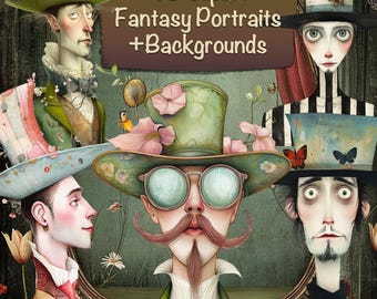 45 Png Fantasy Whimsical Man With Hat Bundle + 15 Backgrounds, DIY, Cards, Junk Journal kit, Scrapbooking Supplies, Commercial use!
