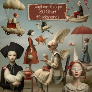 Pode incluir: Arte digital com ilustrações fantásticas de figuras com asas de anjo, andando numa nuvem e num barco. Outras figuras incluem uma pessoa segurando um peixinho dourado, uma pessoa com um ganso e uma pessoa segurando um galo. O texto "Daydream Escape 80 Clipart + Backgrounds" é exibido.