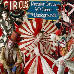 90 Unique Peculiar Circus Clipart PNG + 30 Backgrounds - Printable Fussy Cut, Cards, Junk Journal, Scrapbook, Collage, Commercial use!