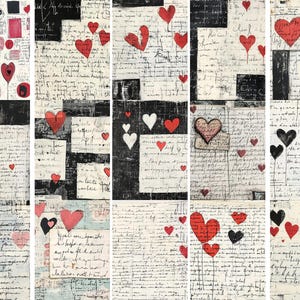 May include: A collage of handwritten letters and red hearts on a white background. The hearts are of various sizes and shapes, some with black outlines. The letters are in black ink and are mostly illegible.