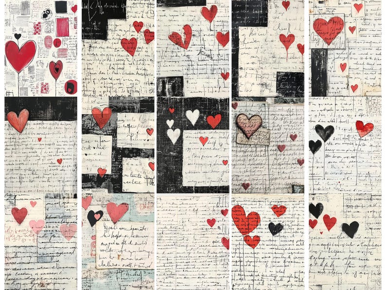 May include: A collage of handwritten letters and red hearts on a white background. The hearts are of various sizes and shapes, some with black outlines. The letters are in black ink and are mostly illegible.